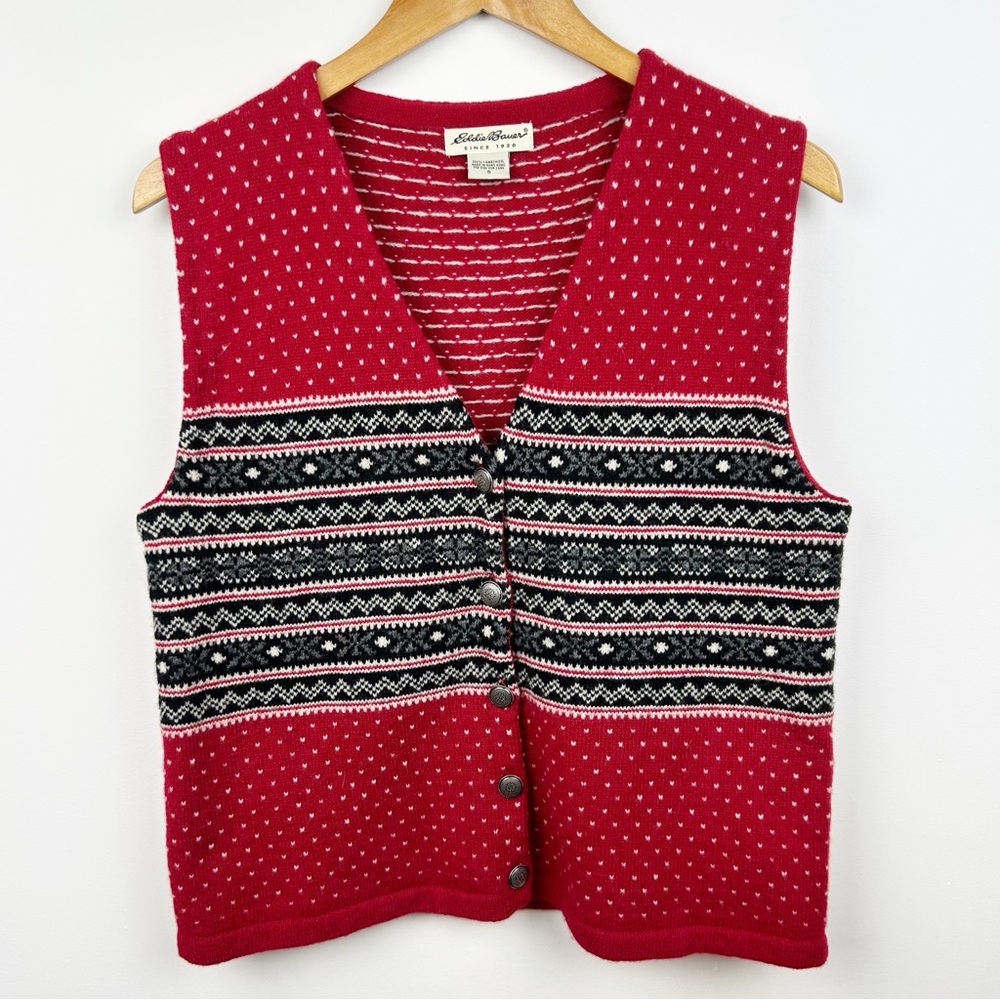 Vintage Eddie Bauer 100% Lambswool Fair Isle Sweater Vest Red Nordic Knit S